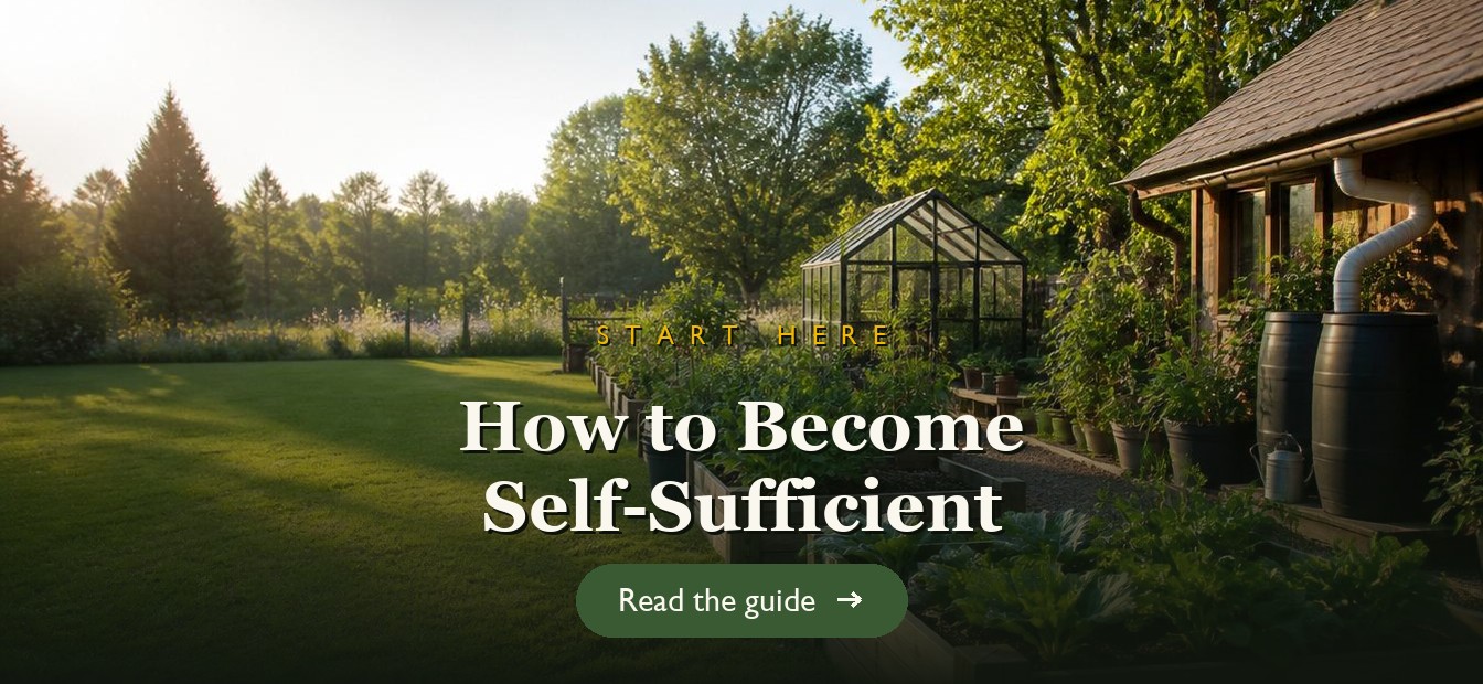A productive self-sufficient backyard with garden beds and rain barrels