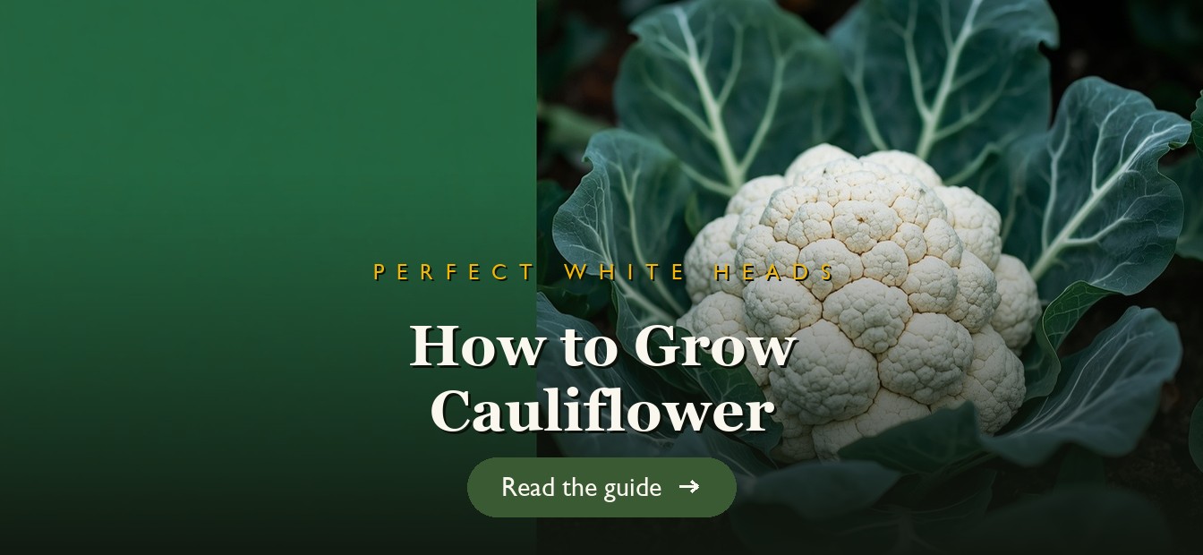 A large white cauliflower head surrounded by green leaves in a garden