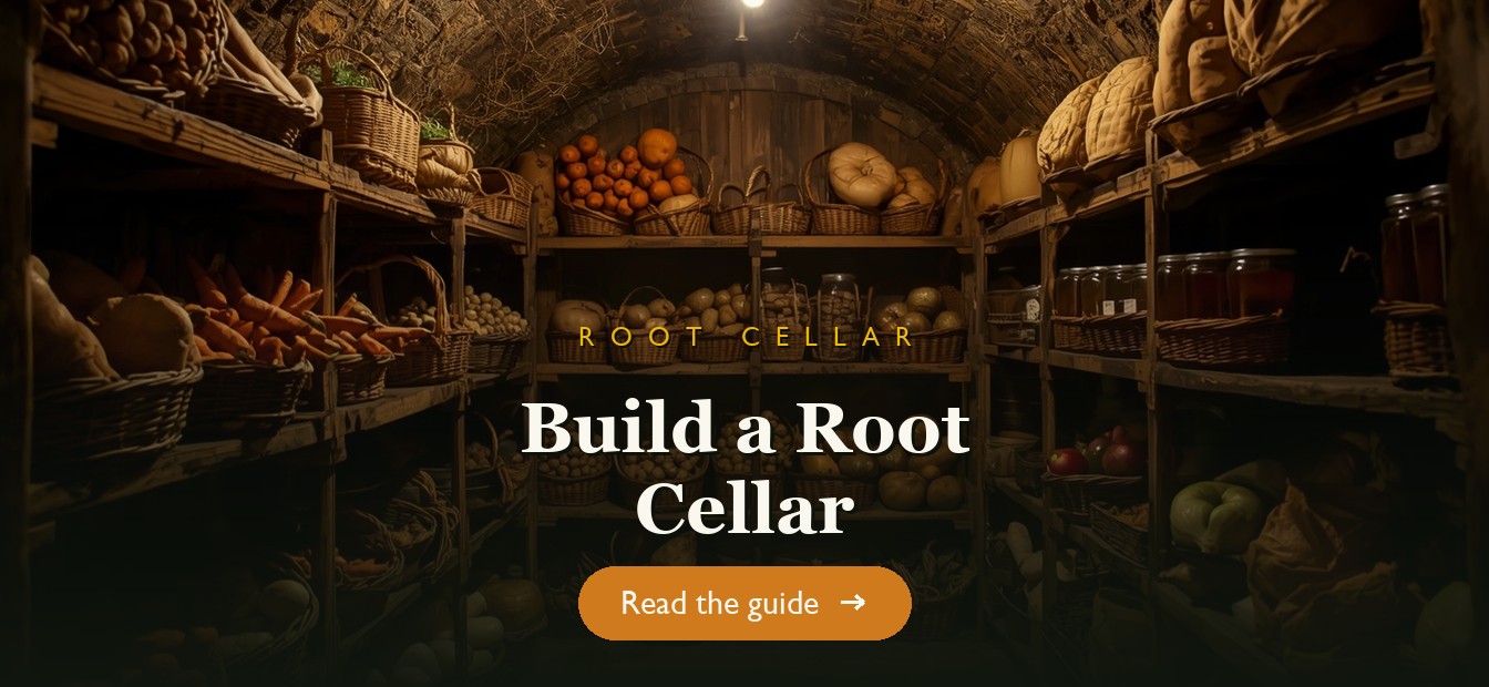 Inside a root cellar with shelves of stored vegetables and preserves