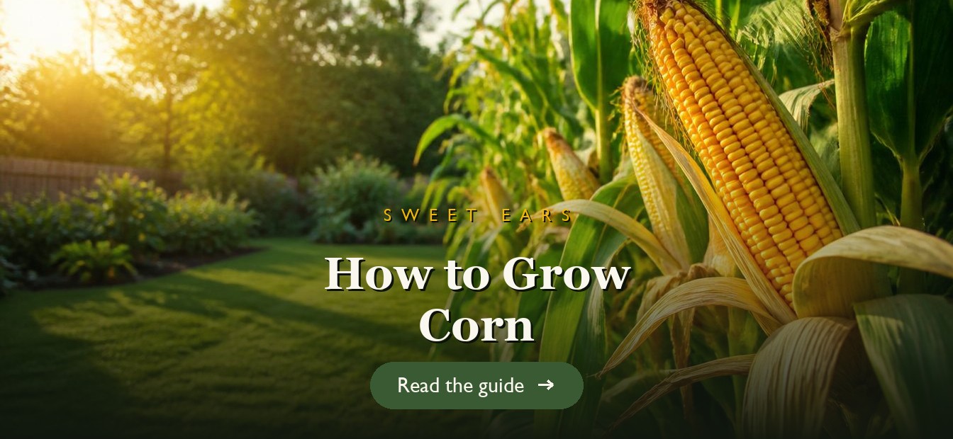 Ripe corn cobs on tall green corn stalks in a sunny garden