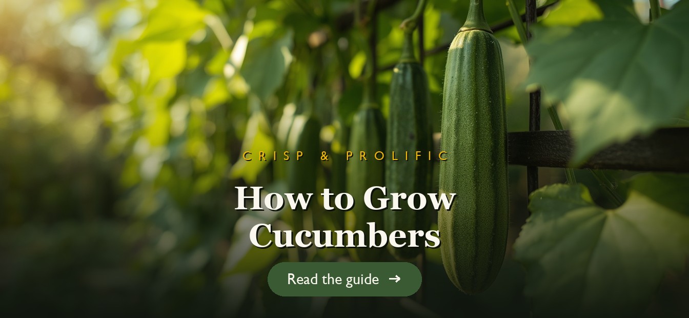 Cucumbers hanging from a vertical trellis in a sunny garden