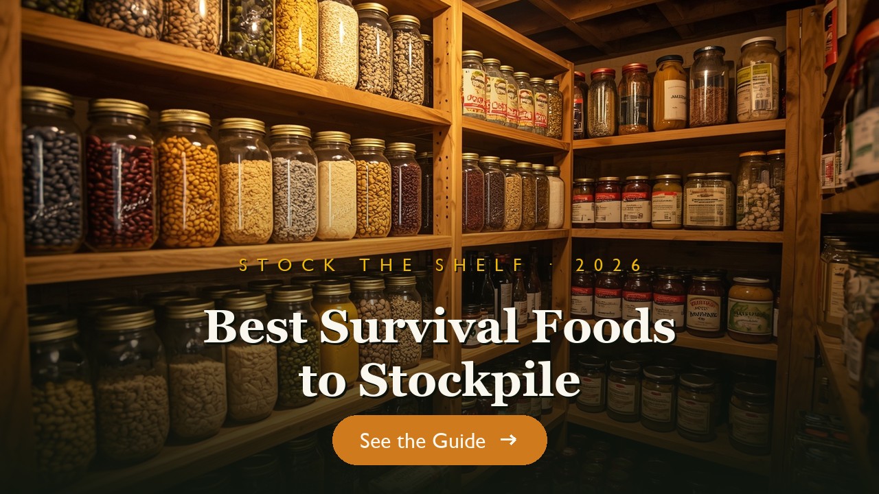 Stocked pantry shelves with jars of grains, canned food and preserves