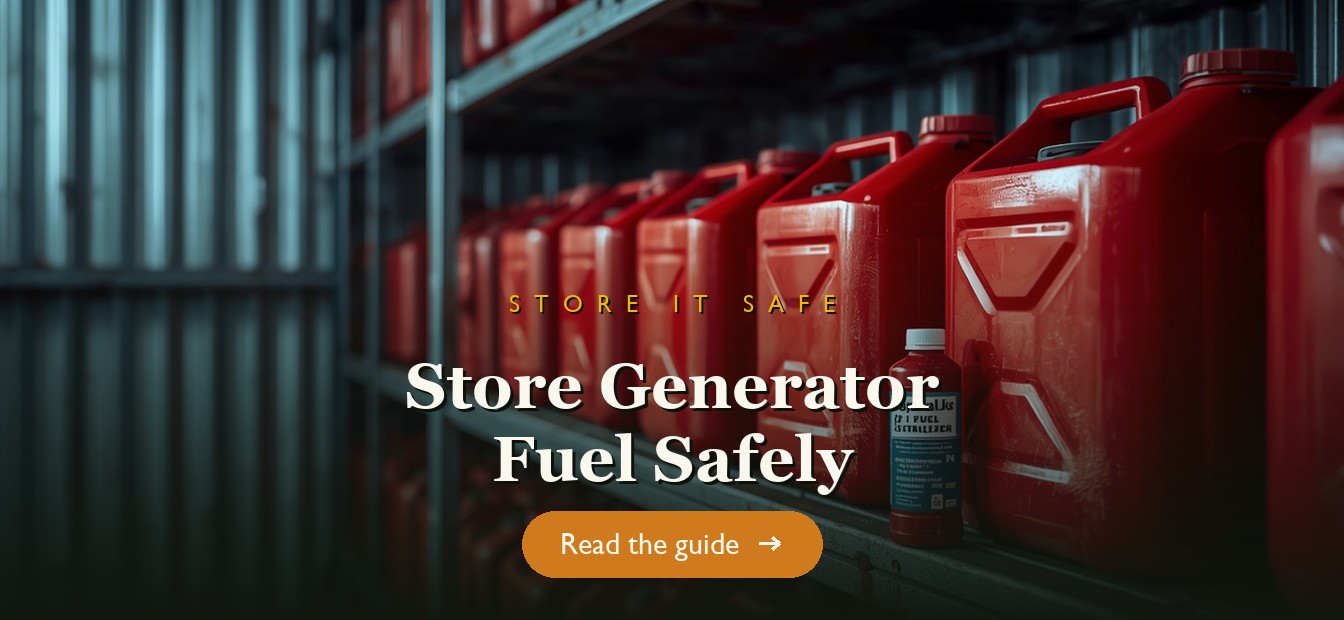 Approved red fuel cans stored safely on a shelf in a shed