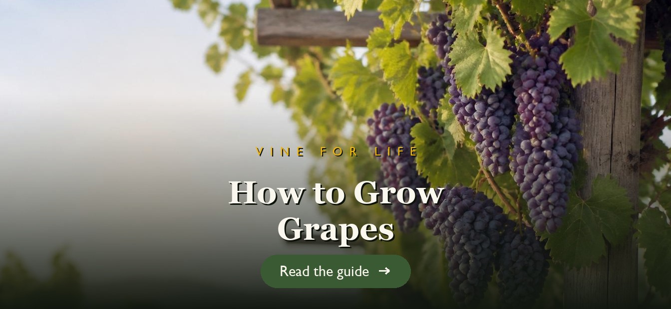 Ripe bunches of grapes hanging from a vine on a trellis