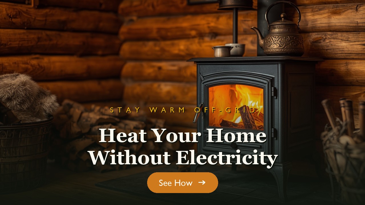 A wood-burning stove glowing in a cozy cabin with firewood beside it