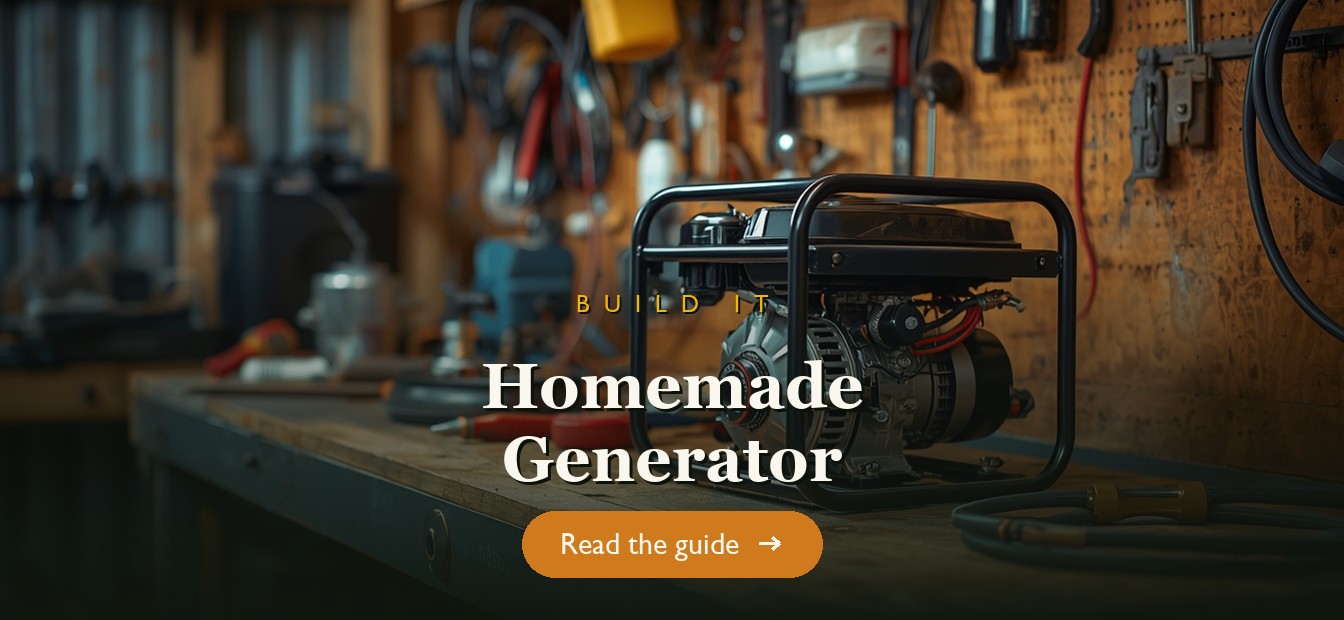 A small homemade generator built from parts on a workbench