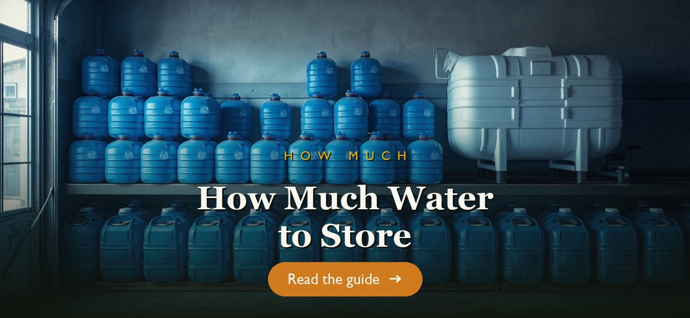 Stacked emergency water storage jugs and containers in a garage