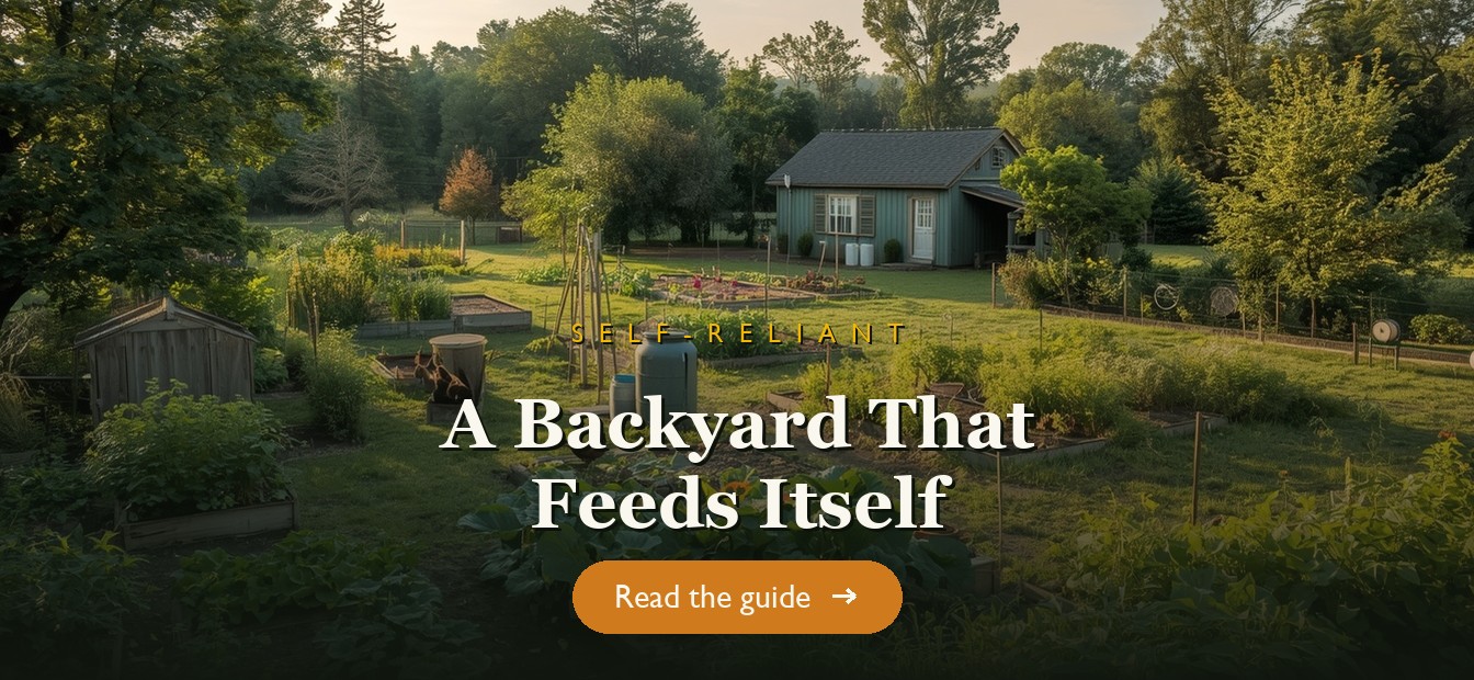 A small self-sufficient homestead with garden, coop and fruit trees