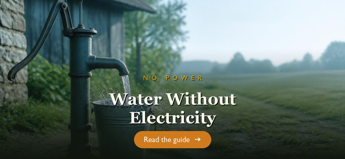 A hand pump drawing well water into a bucket with no electricity
