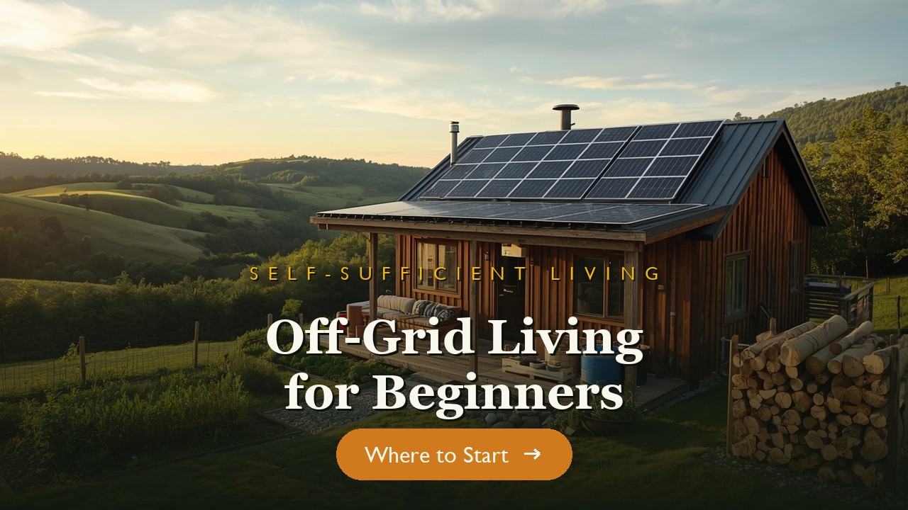 Off-grid cabin with solar panels, rainwater barrels and a garden
