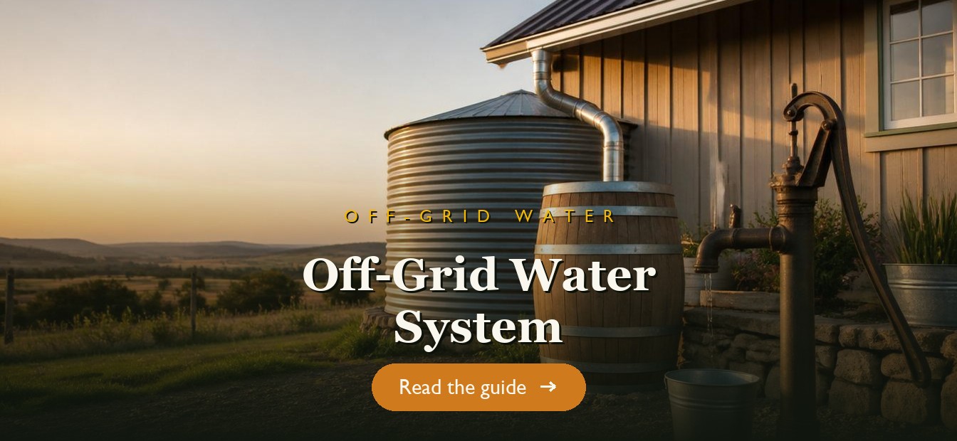 An off-grid rainwater and well water setup beside a rural home