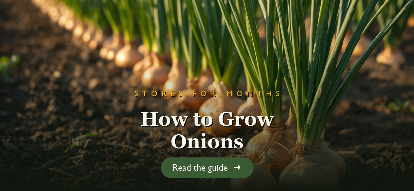 Rows of onions growing in a garden bed with cured onions beside them