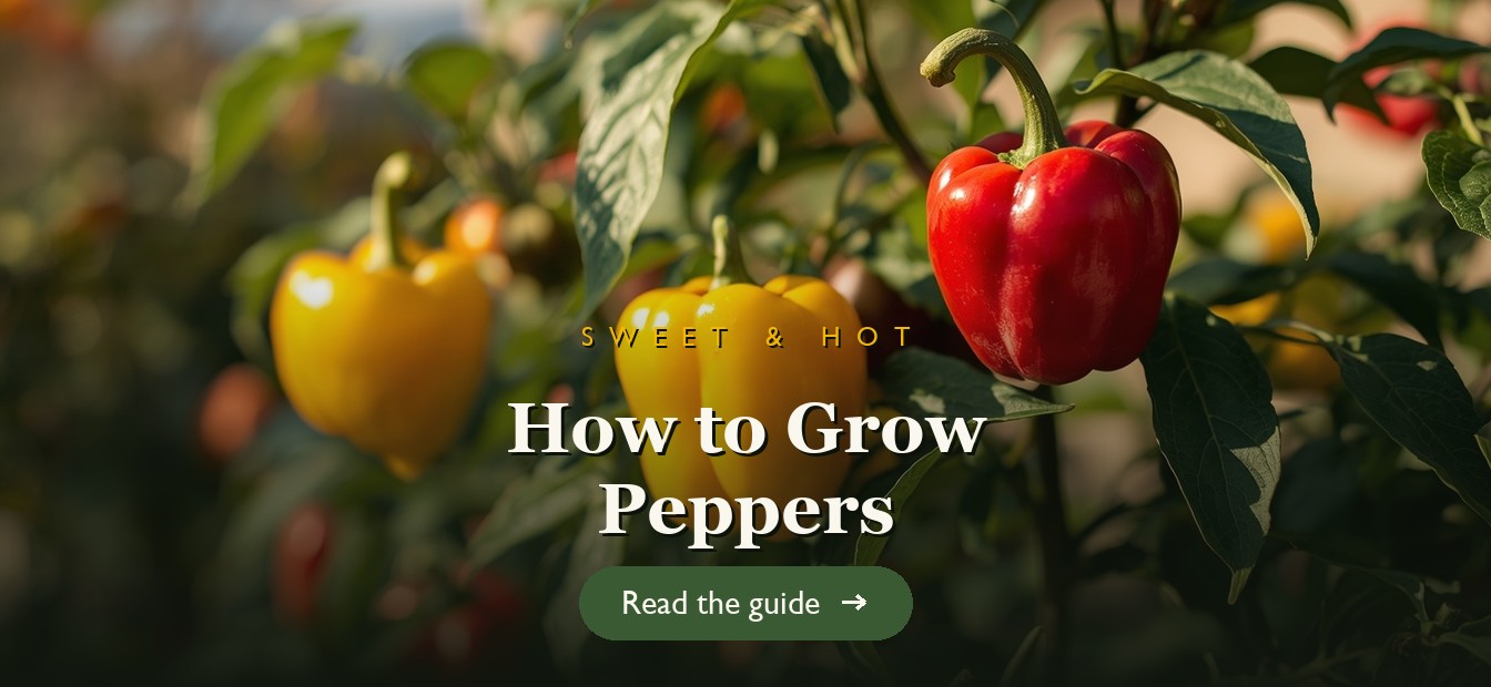 Colorful ripe bell and chili peppers on healthy plants in a sunny garden