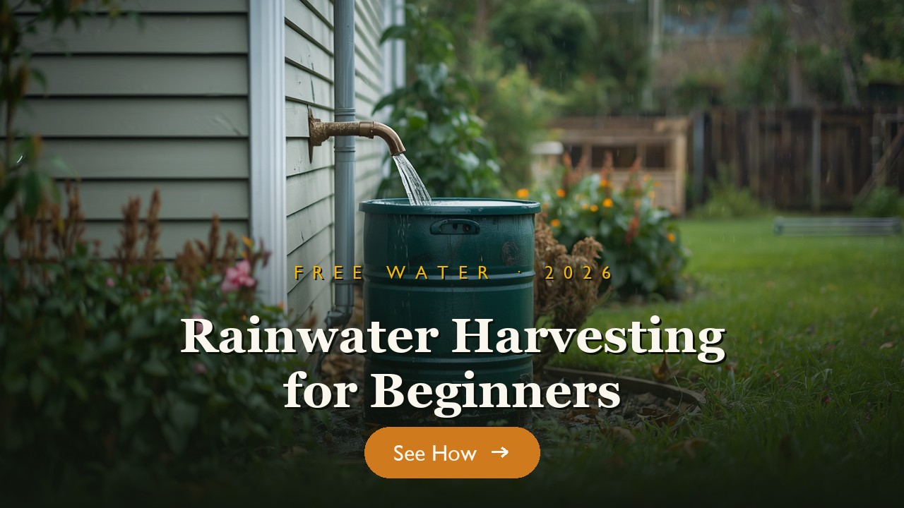 Rain barrel collecting water from a gutter in a green backyard