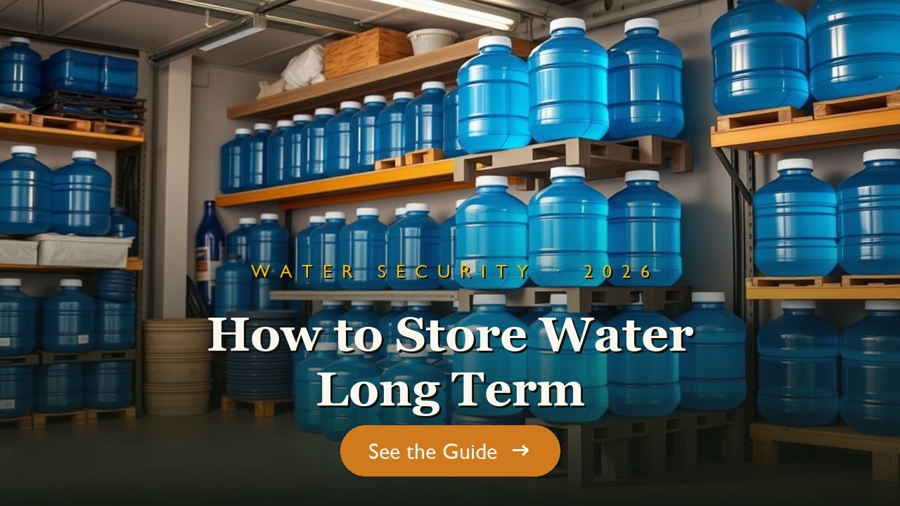Stacked emergency water storage jugs and bricks in a garage