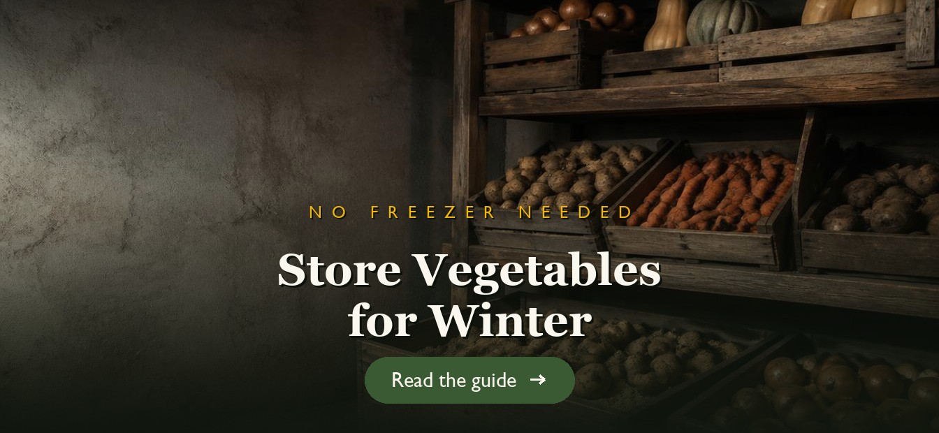 Winter vegetables stored in crates and sand boxes in a cool cellar