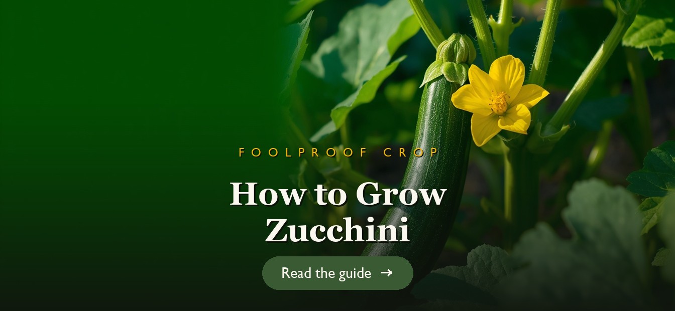 Green zucchini growing on a healthy plant with yellow blossoms in a garden