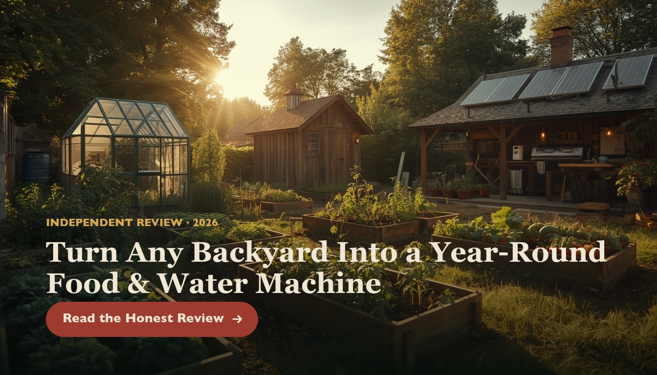 A thriving self-sufficient backyard homestead at golden hour — raised garden beds, greenhouse, solar shed and outdoor kitchen