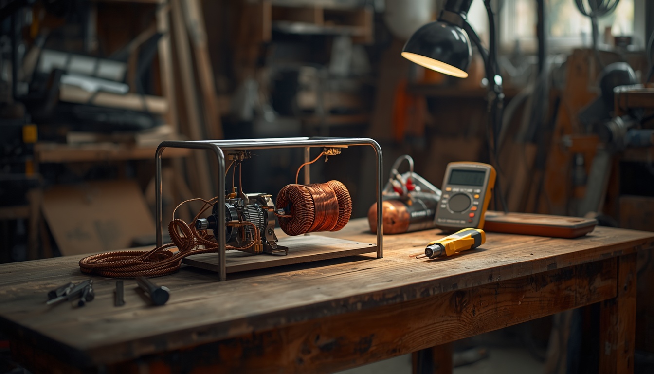 DIY generator build in progress with copper coil and multimeter